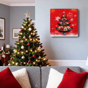 Snowy Merry Christmas Family Photo Tree Square Wall Clock