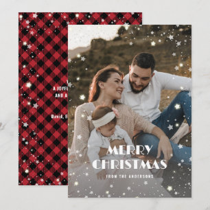 Snowy Merry Christmas Red Buffalo Plaid Photo Holiday Card