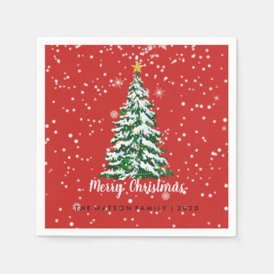 Snowy Merry Christmas Tree Napkin Red