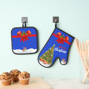 Snowy Merry Christmas Tree with Red Bow Oven Mitt & Pot Holder Set