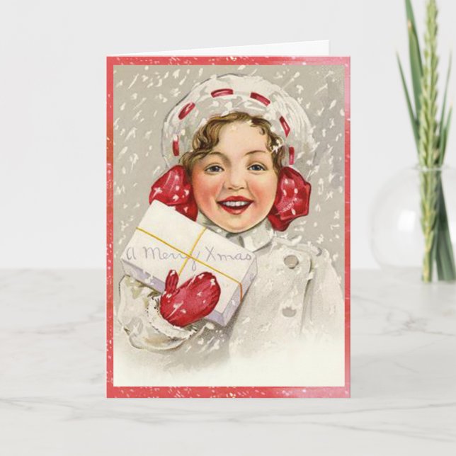 Snowy Merry Christmas Vintage Girl Holiday Card (Front)