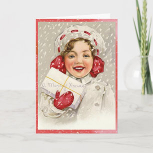 Snowy Merry Christmas Vintage Girl Holiday Card