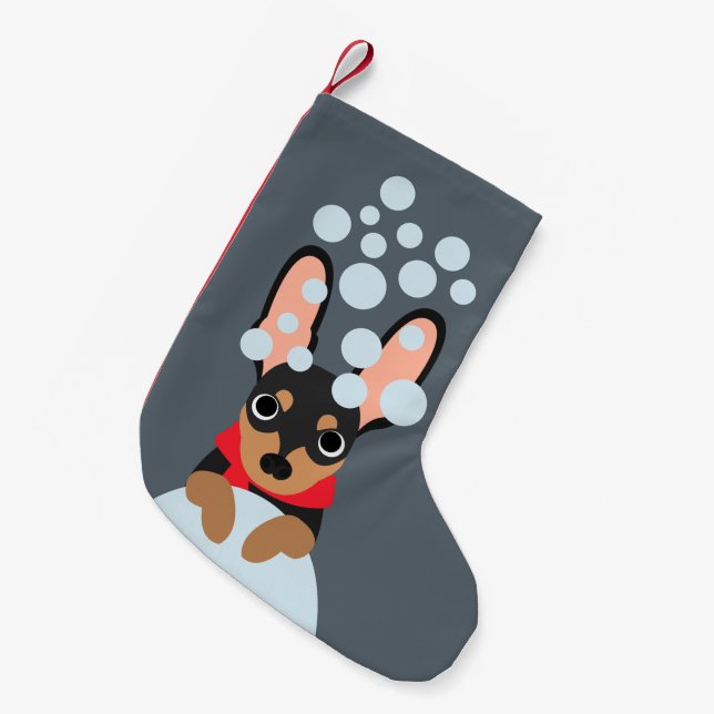 Snowy Miniature Pinscher Christmas Stocking (Front (Hanging))