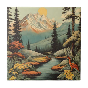 Snowy Mountain and Forest River Landscape Ceramic Tile