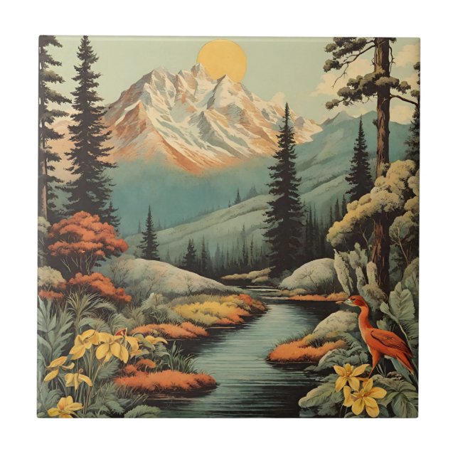Snowy Mountain and Forest River Landscape  Ceramic Tile (Front)