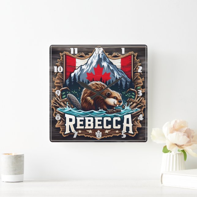 Snowy Mountain, Beaver, Canadian Flag Square Wall Clock (Home)