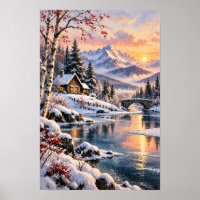 Snowy Mountain Cabin and Stone Bridge Sunset Wall