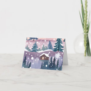 Snowy Mountain Cabin Watercolor Holiday Card
