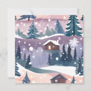 Snowy Mountain Cabin Watercolor Holiday Card