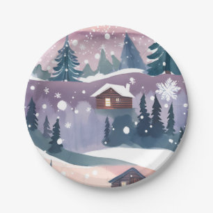 Snowy Mountain Cabin Watercolor Paper Plate