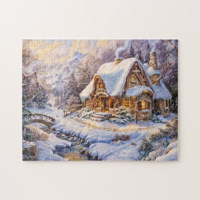 Snowy Mountain Cottage by Stream Jigsaw Puzzle (Horizontal)