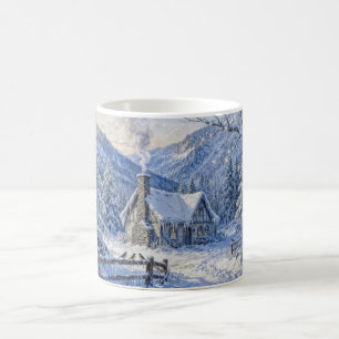 Snowy Mountain Cottage with Smoke and Pines Painti Coffee Mug