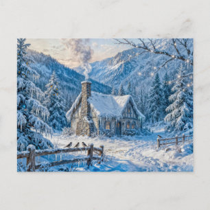 Snowy Mountain Cottage with Smoke and Pines Painti Postcard