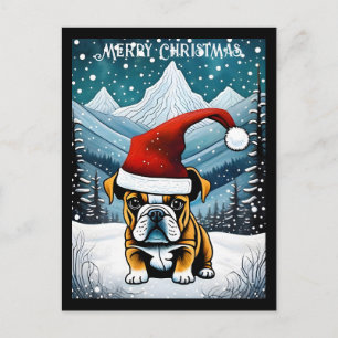 Snowy Mountain Cute Bulldog Santa Christmas  Postcard