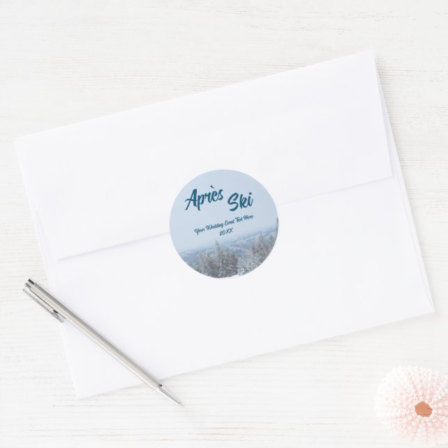 Snowy Mountain Forest Apres Ski Wedding Event Classic Round Sticker (Envelope)