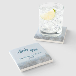 Snowy Mountain Forest Apres Ski Wedding Event Stone Coaster