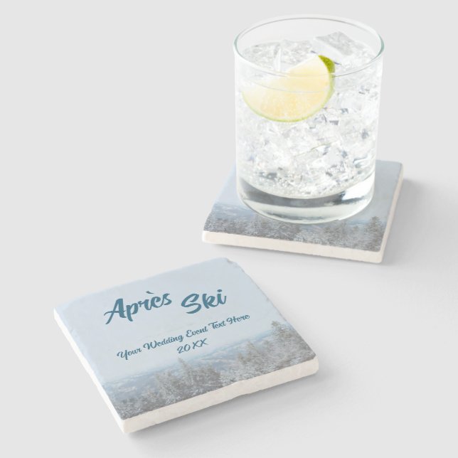 Snowy Mountain Forest Apres Ski Wedding Event Stone Coaster (Side)