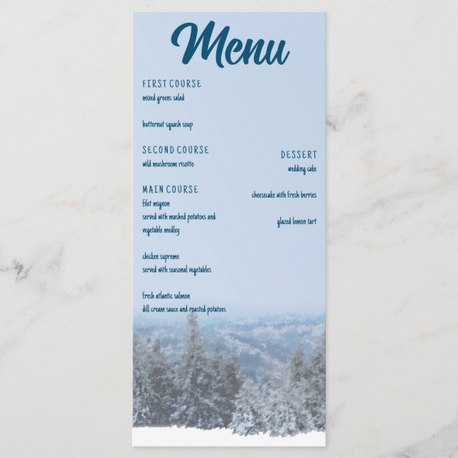 Snowy Mountain Forest Wedding Menu (Front)