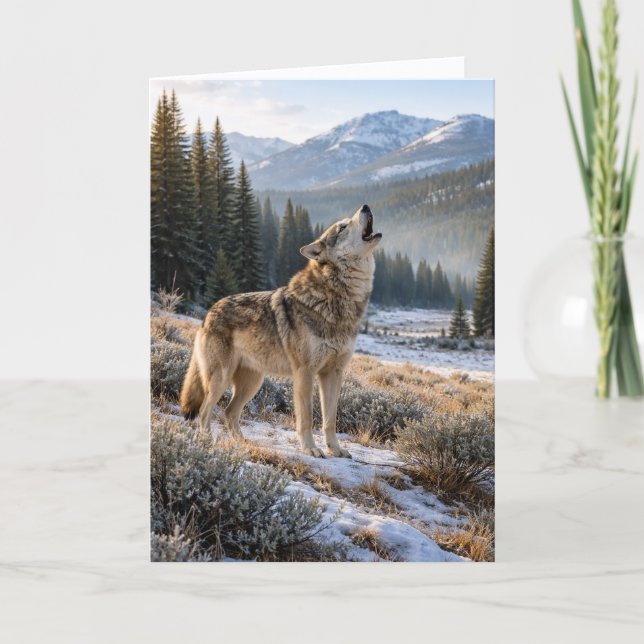 Snowy Mountain Howling Grey Wolf Wilderness Blank Card (Front)