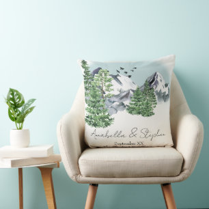 Snowy Mountain Landscape with Pine Forest Trees Cushion