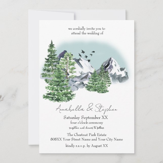 Snowy Mountain Landscape with Pine Forest Trees Invitation (Front)