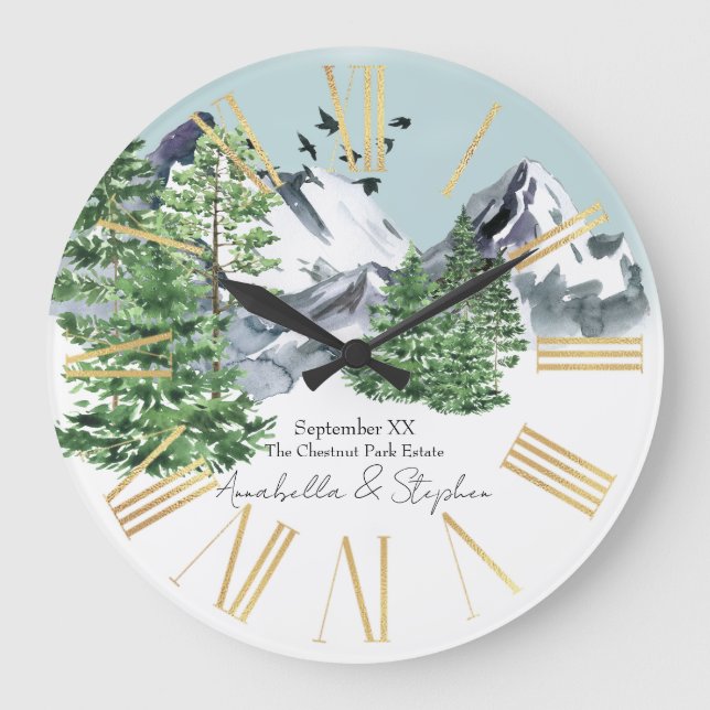Snowy Mountain Landscape with Pine Forest Trees Large Clock (Front)