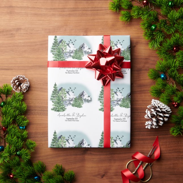 Snowy Mountain Landscape with Pine Forest Trees Wrapping Paper (Holiday Gift)