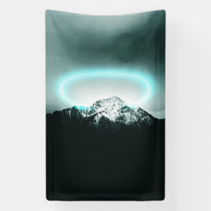 Snowy mountain mysterious blue neon light banner