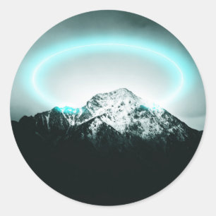 Snowy mountain mysterious blue neon light classic round sticker