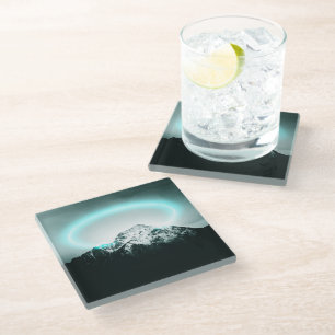 Snowy mountain mysterious blue neon light glass coaster