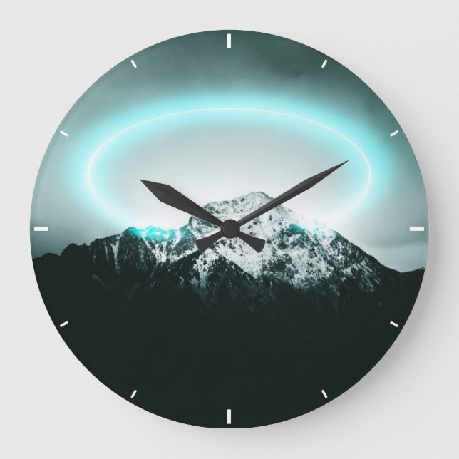 Snowy mountain mysterious blue neon light large clock (Front)