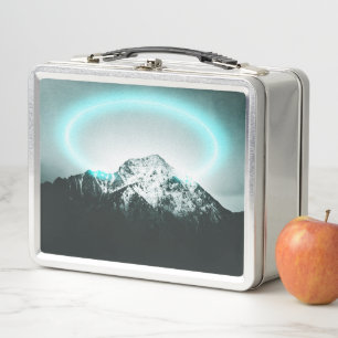 Snowy mountain mysterious blue neon light metal lunch box