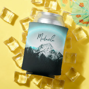 Snowy mountain mysterious blue neon light monogram can cooler