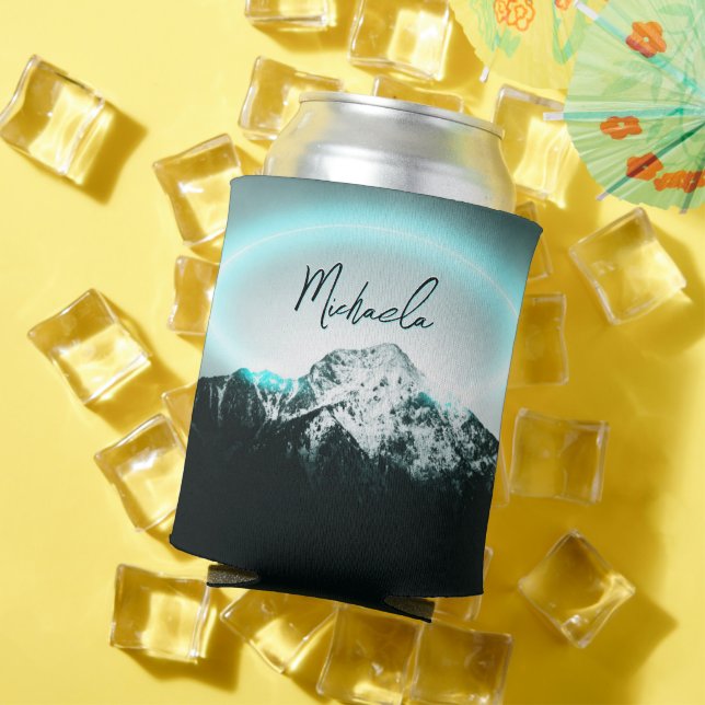Snowy mountain mysterious blue neon light monogram can cooler (In Situ Summer)