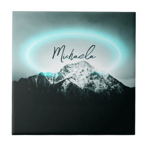 Snowy mountain mysterious blue neon light monogram ceramic tile