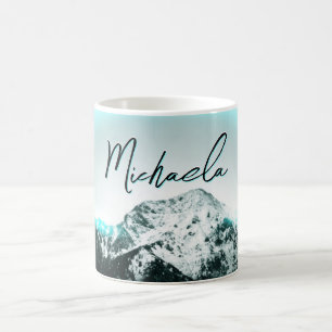 Snowy mountain mysterious blue neon light monogram coffee mug