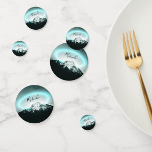 Snowy mountain mysterious blue neon light monogram confetti