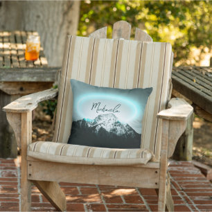 Snowy mountain mysterious blue neon light monogram cushion