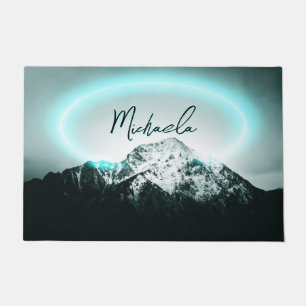 Snowy mountain mysterious blue neon light monogram doormat