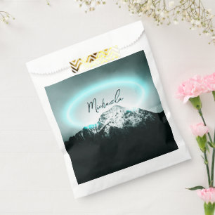 Snowy mountain mysterious blue neon light monogram favour bag