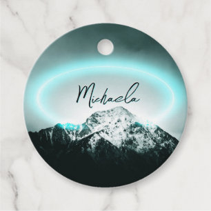 Snowy mountain mysterious blue neon light monogram favour tags