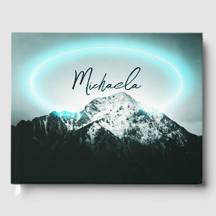Snowy mountain mysterious blue neon light monogram guest book