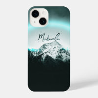 Snowy mountain mysterious blue neon light monogram
