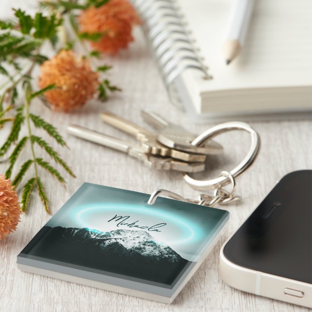 Snowy mountain mysterious blue neon light monogram key ring (Front Right)