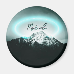 Snowy mountain mysterious blue neon light monogram magnet