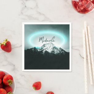 Snowy mountain mysterious blue neon light monogram napkin