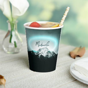 Snowy mountain mysterious blue neon light monogram paper cups