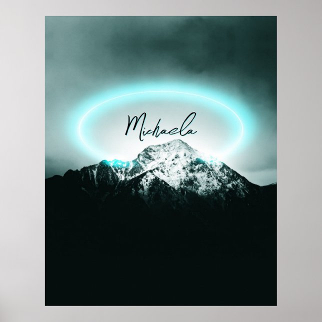 Snowy mountain mysterious blue neon light monogram poster (Front)