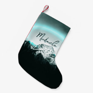 Snowy mountain mysterious blue neon light monogram small christmas stocking