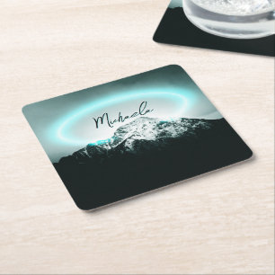 Snowy mountain mysterious blue neon light monogram square paper coaster